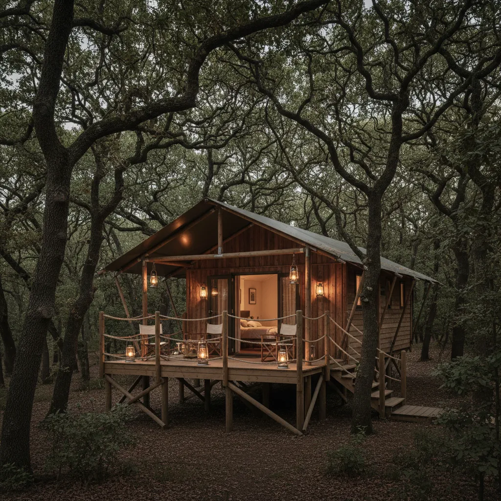 Les cabanes sur pilotis d'Huttopia Noirmoutier, nichées dans un bois de chênes verts à 800 mètres du château