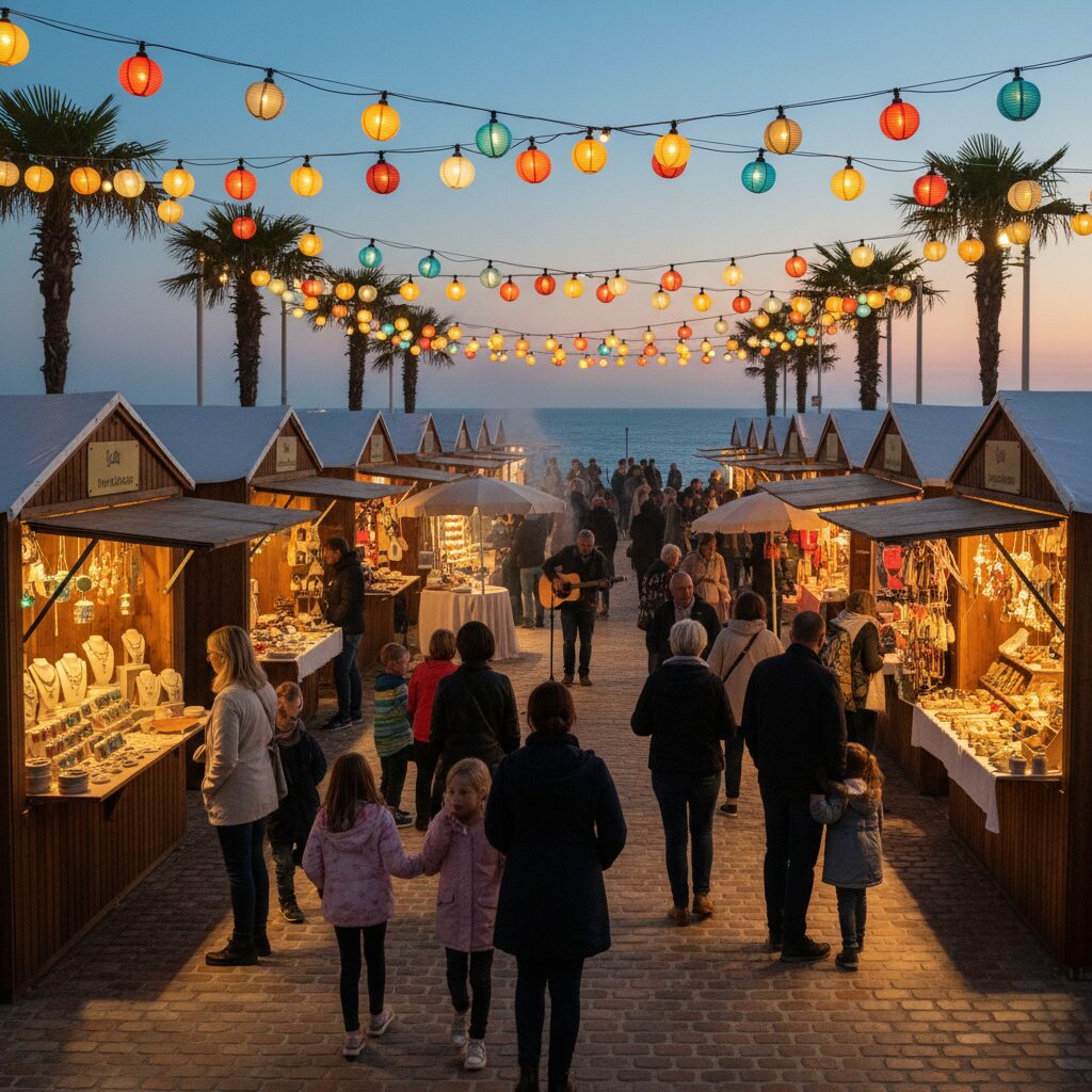 Ambiance d'un marché nocturne vendéen illuminé par des guirlandes au crépuscule