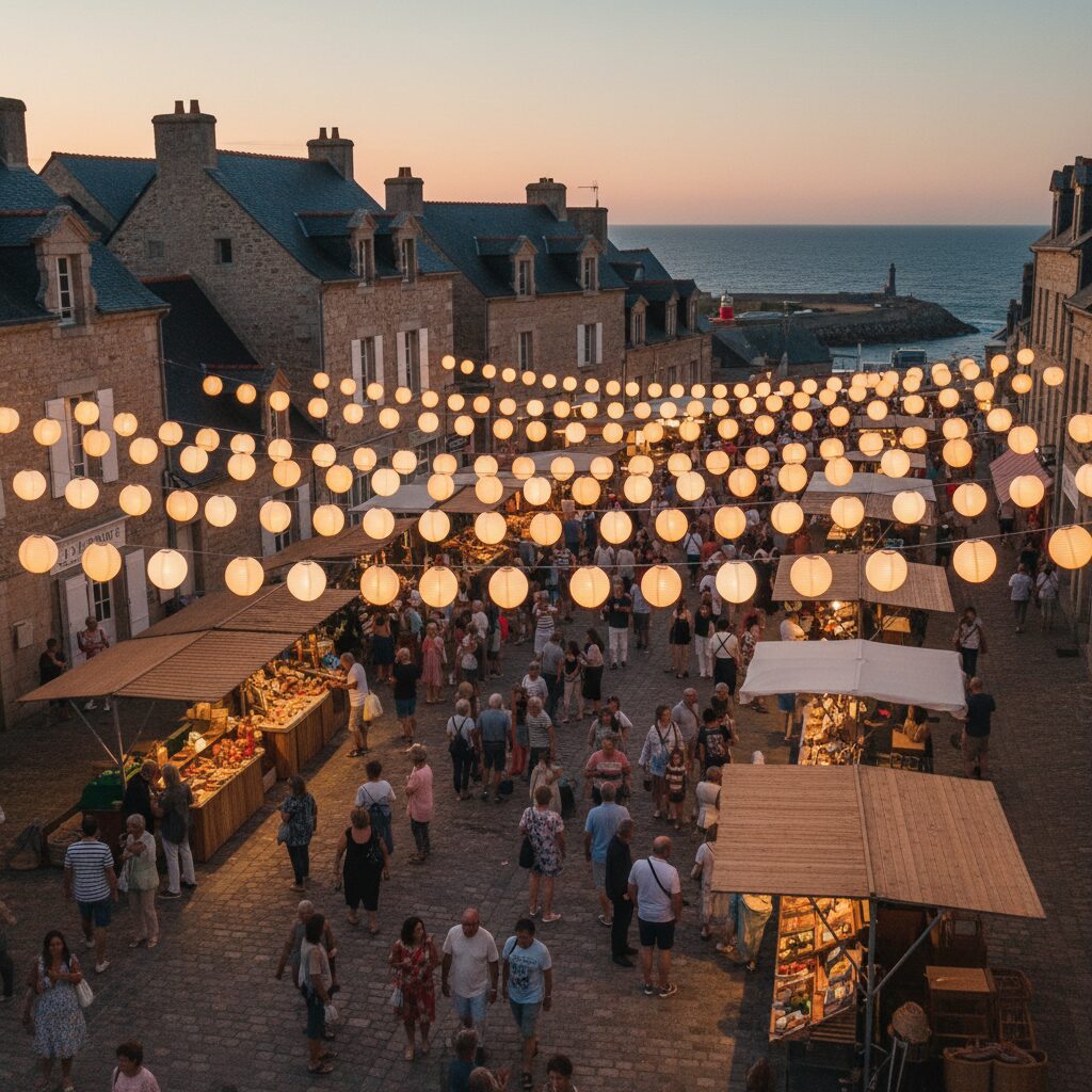 Vue aérienne d'une place de village vendéenne illuminée lors d'un marché nocturne