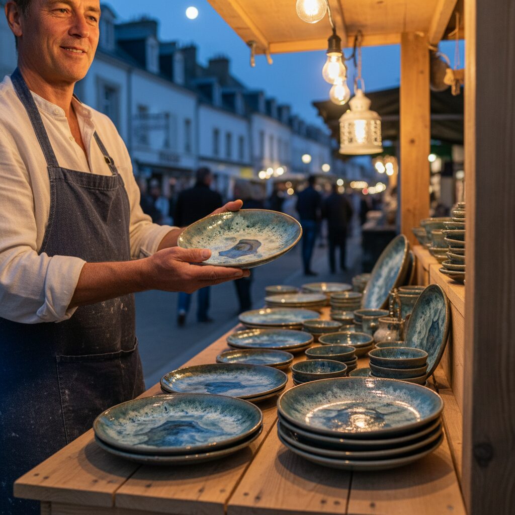 Artisan potier présentant ses céramiques sur un étal de marché nocturne à Noirmoutier