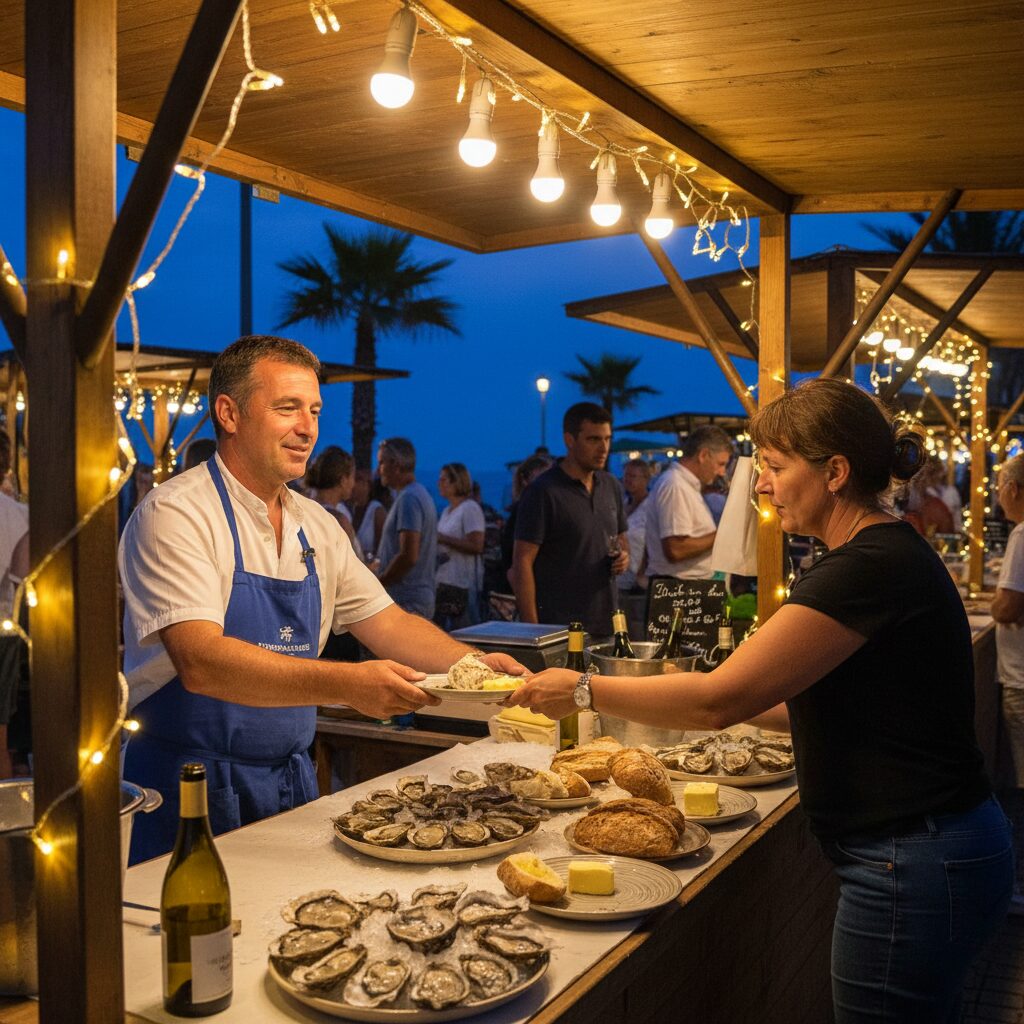 Stand de producteur local avec spécialités vendéennes sur un marché nocturne estival
