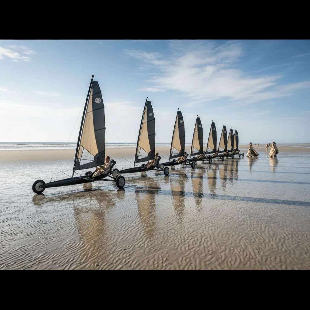 À marée basse, l'estran découvert de Saint-Jean-de-Monts offre jusqu'à 300 mètres de sable plat, terrain idéal pour le char à voile