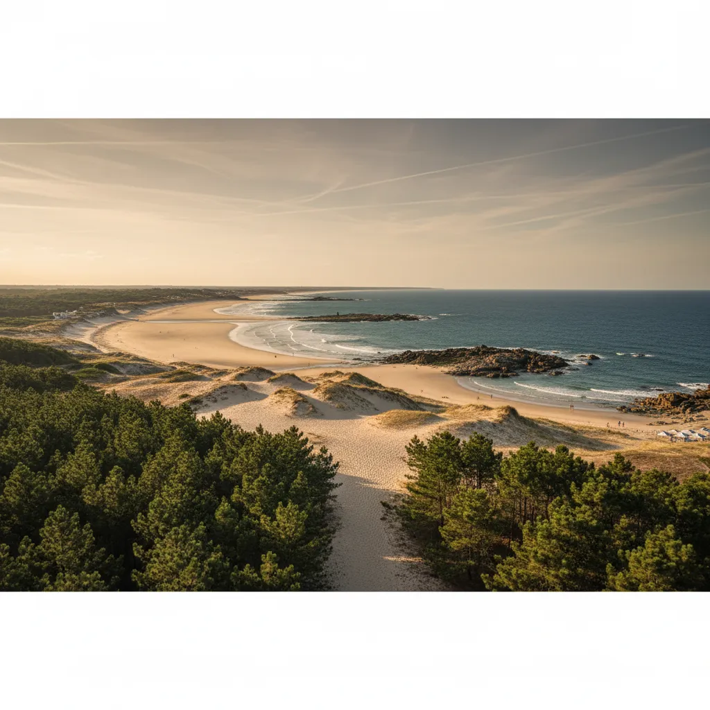 Depuis les dunes de Saint-Jean-de-Monts, la vue porte jusqu'à Noirmoutier au nord et Saint-Hilaire-de-Riez au sud