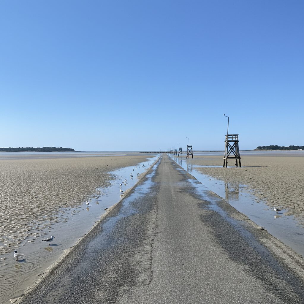 Passage du Gois à marée basse avec balises refuge et reflets sur le sable