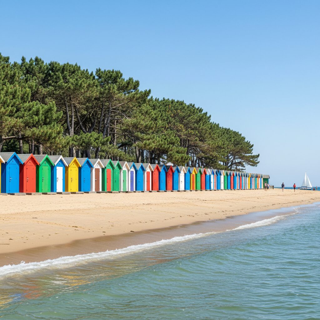 Plage des Dames à Noirmoutier et ses cabines de bain colorées
