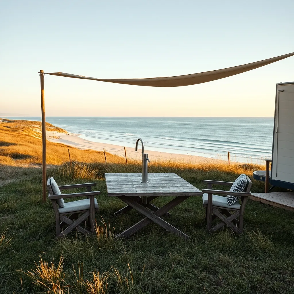 Emplacement premium en camping 5 étoiles : vue dunes, point d'eau privatif et mobilier de jardin inclus