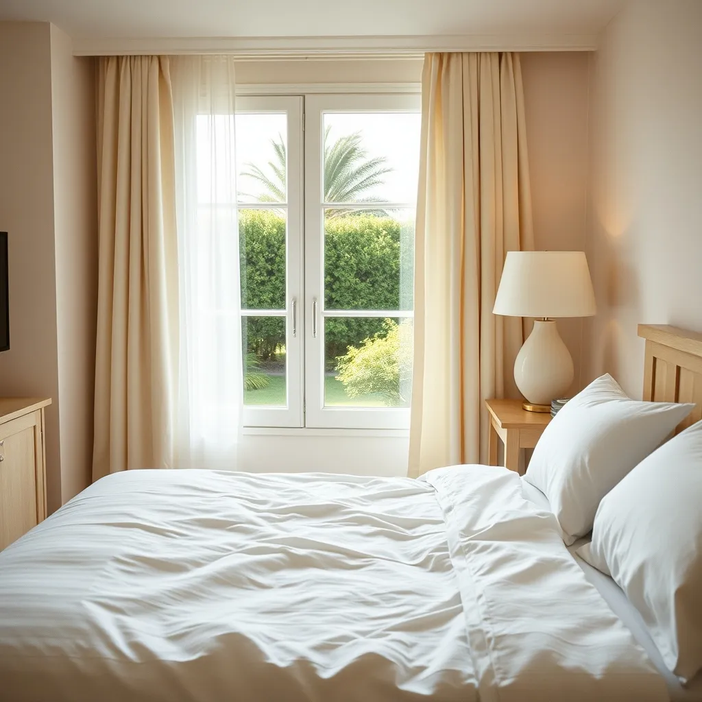 Chambre double confort avec vue jardin : literie en 160 cm renouvelée après les travaux de 2023