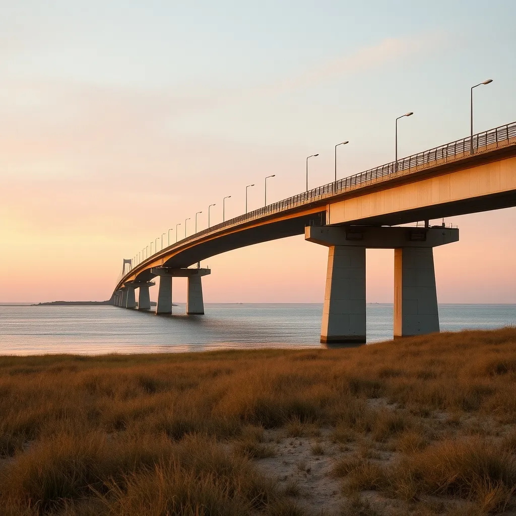 Le pont de Noirmoutier vu depuis Fromentine : trois kilomètres plus loin, Barbâtre et l'Hôtel Le Goëland