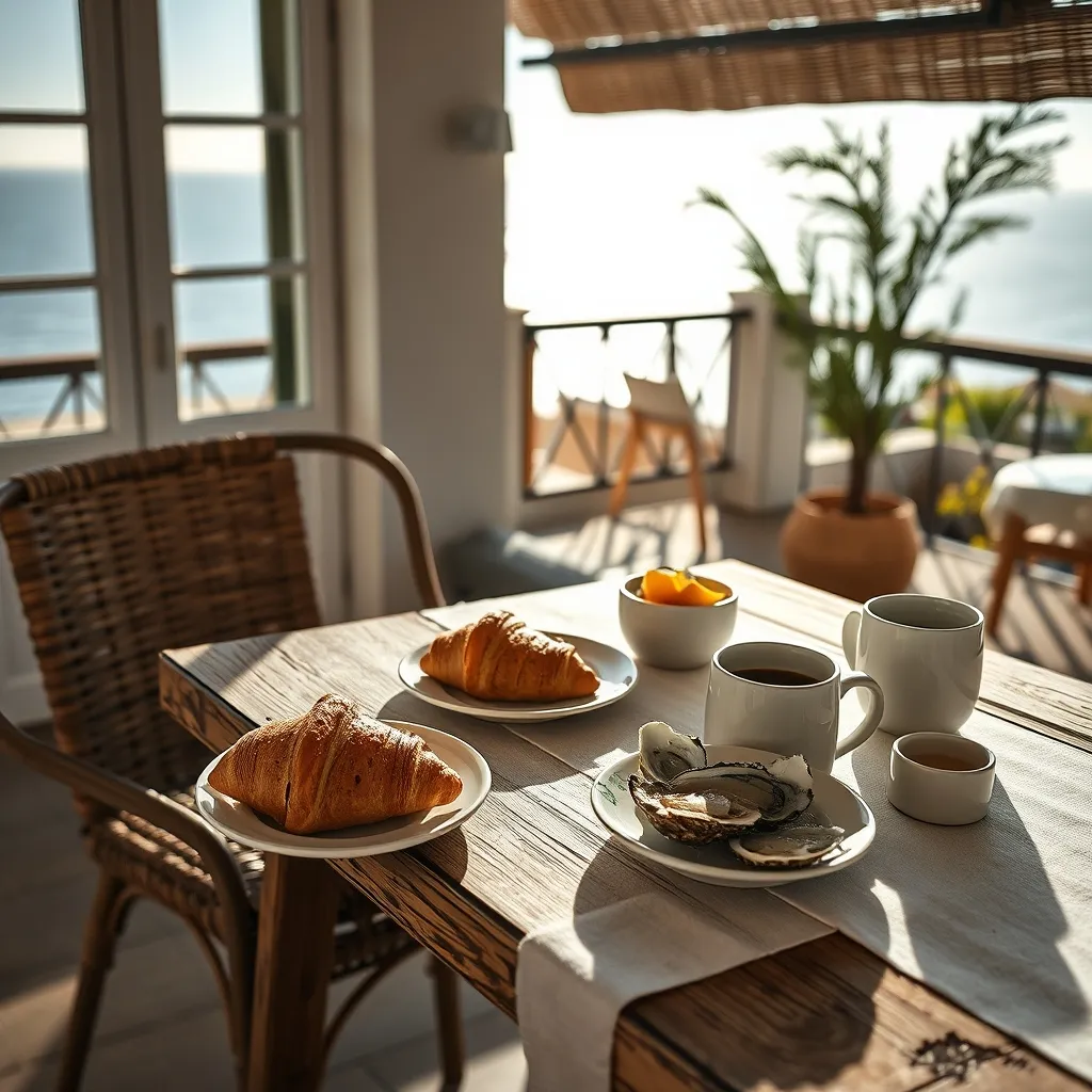 Petit-déjeuner terrasse vue mer : les produits locaux (Bonnotte, huîtres) font partie de l'expérience noirmoutrine