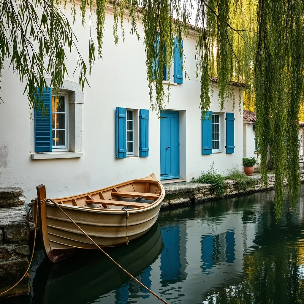 Arçais, village typique du Marais mouillé : les barques sont amarrées devant les maisons