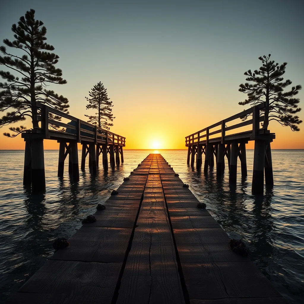 L'estacade de la plage des Dames s'avance sur environ 200 mètres dans la baie, point de vue privilégié au coucher du soleil