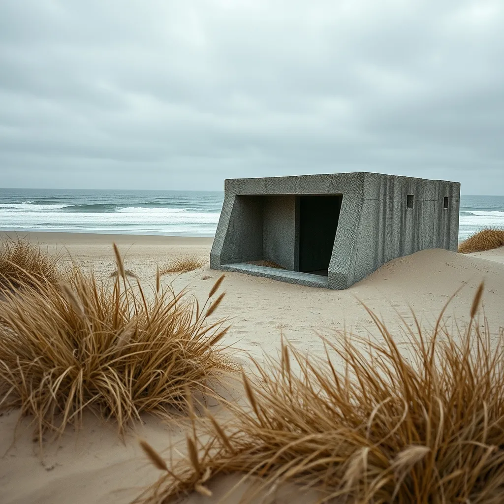 Le blockhaus ensablé qui marque la limite entre la plage textile et la zone naturiste tolérée