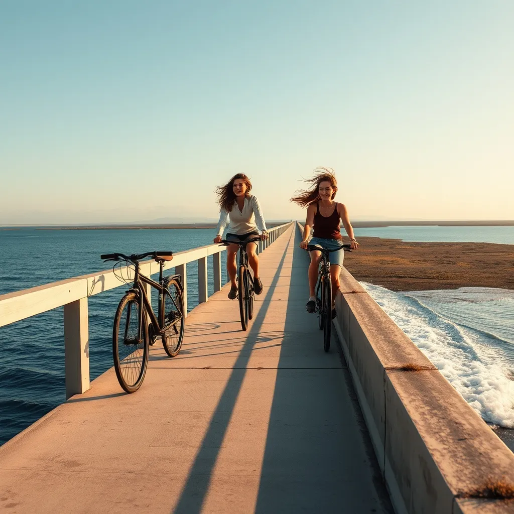 Les trottoirs latéraux du pont permettent la traversée à vélo en 3 à 4 minutes