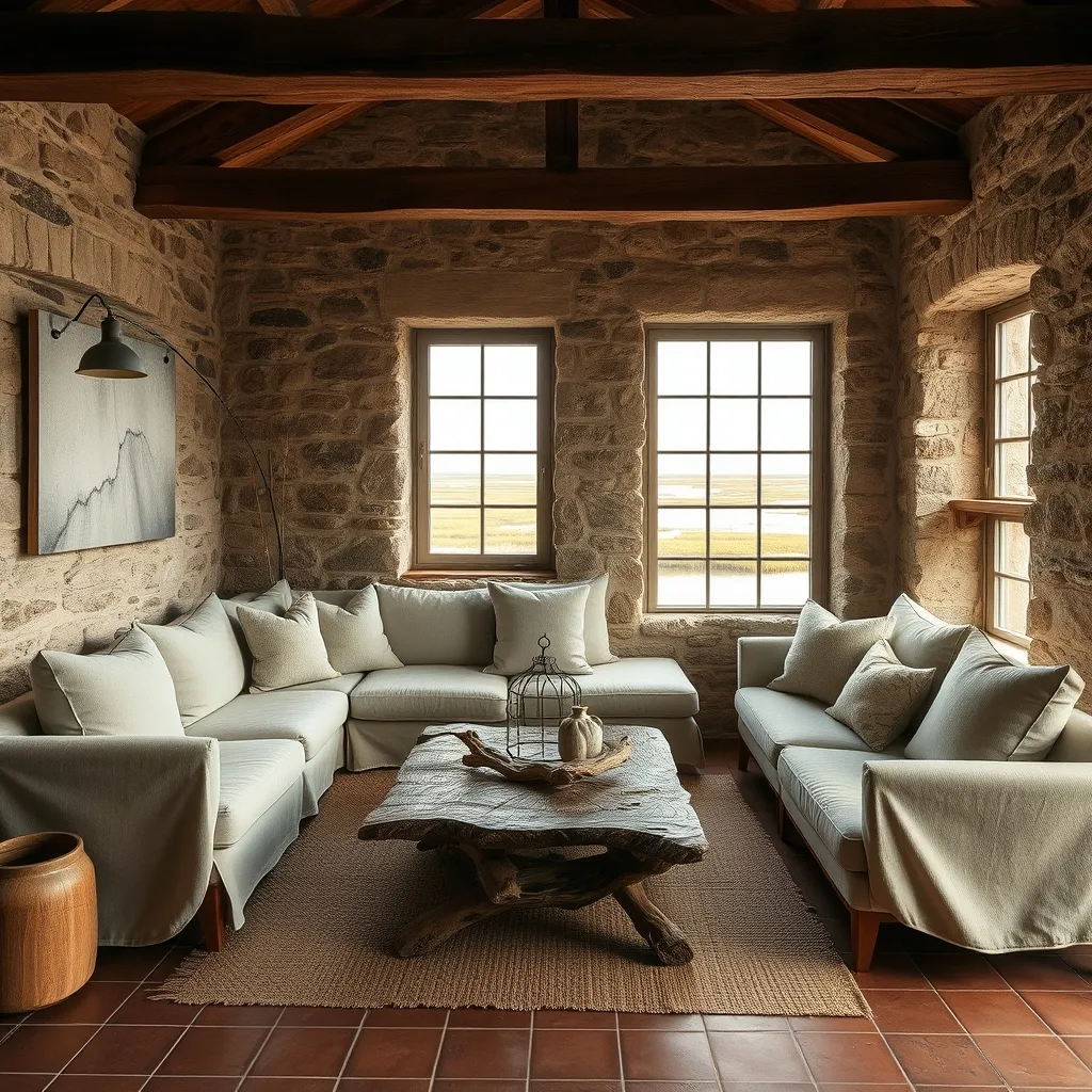Intérieur d'un gîte rénové à L'Herbaudière : la pierre apparente et le lin donnent le ton