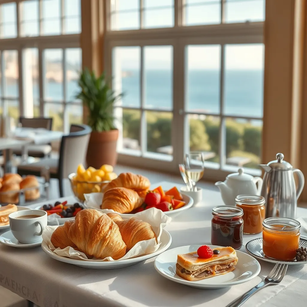 Petit-déjeuner buffet en village vacances : viennoiseries, fruits frais et confitures locales sont le standard