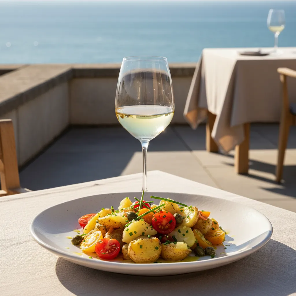 L'écrasée tiède de bonnottes en salade se marie avec un Fiefs Vendéens blanc, à déguster face à l'Atlantique