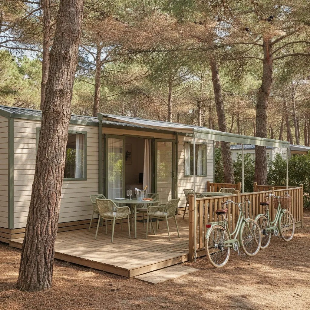 Les mobil-homes récents offrent terrasse couverte et climatisation, un confort apprécié quand le thermomètre dépasse 32 °C