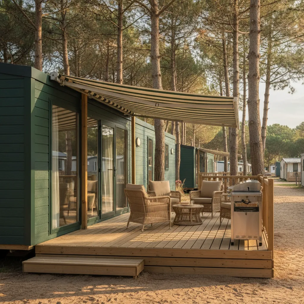 Les mobile-homes Premium offrent terrasse couverte et plancha, un confort appréciable pour les séjours d'une semaine ou plus