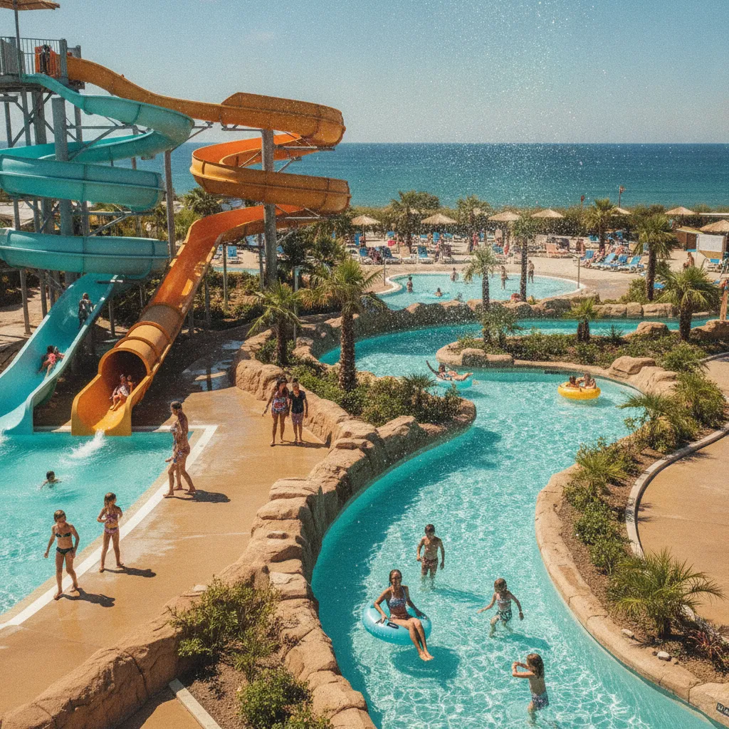 Les plus grands parcs aquatiques de campings vendéens dépassent 3 000 m² de surface avec toboggans, rivière à courant et piscine à vagues