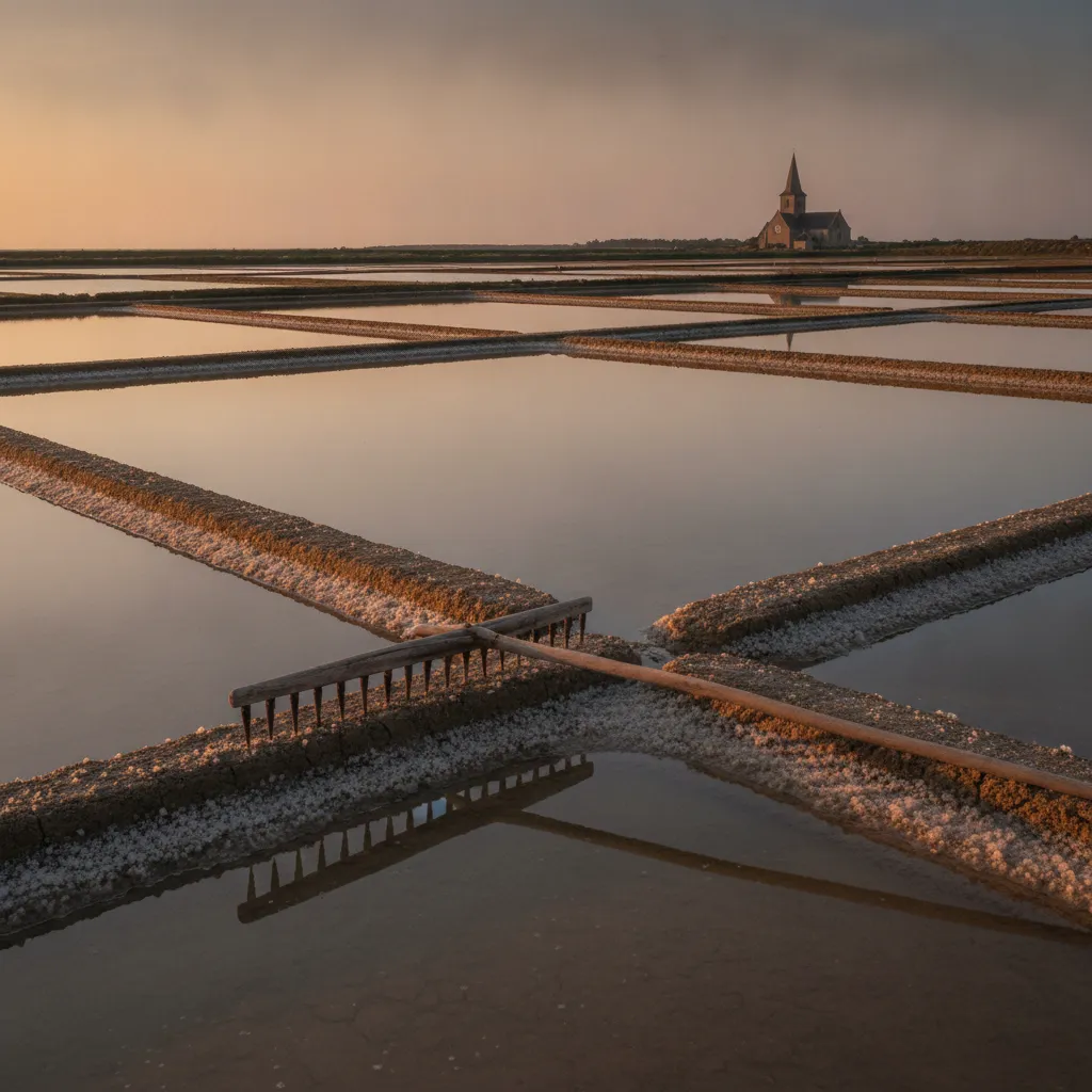 Les œillets des marais salants de Guérande au coucher du soleil : la lame d'eau ne dépasse pas 5 cm dans les bassins de cristallisation