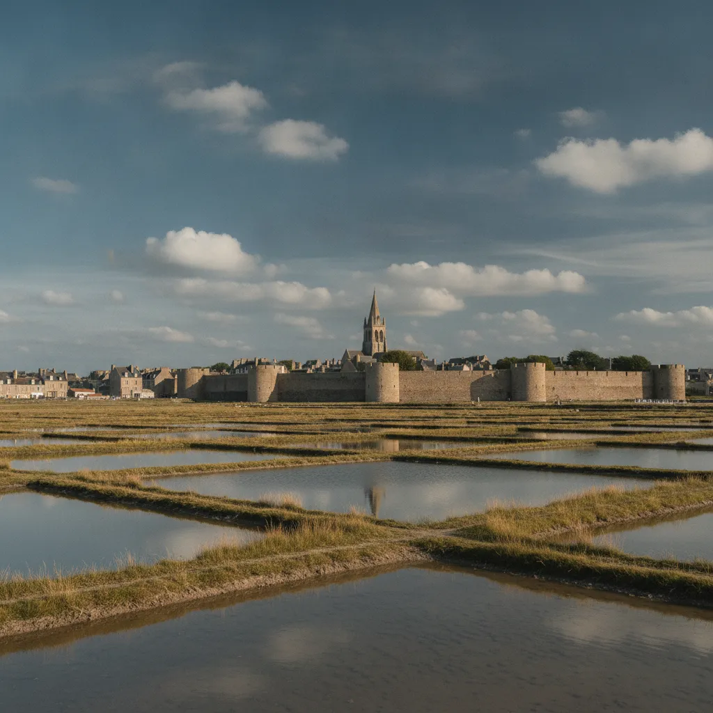 Guérande vue depuis les marais : les remparts médiévaux dominent les 2 000 hectares de salines classées Site remarquable du goût