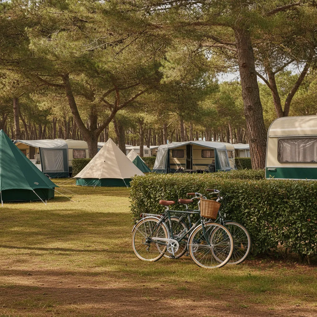 Emplacements ombragés sous les pins : le cadre typique des campings municipaux rétais en basse saison