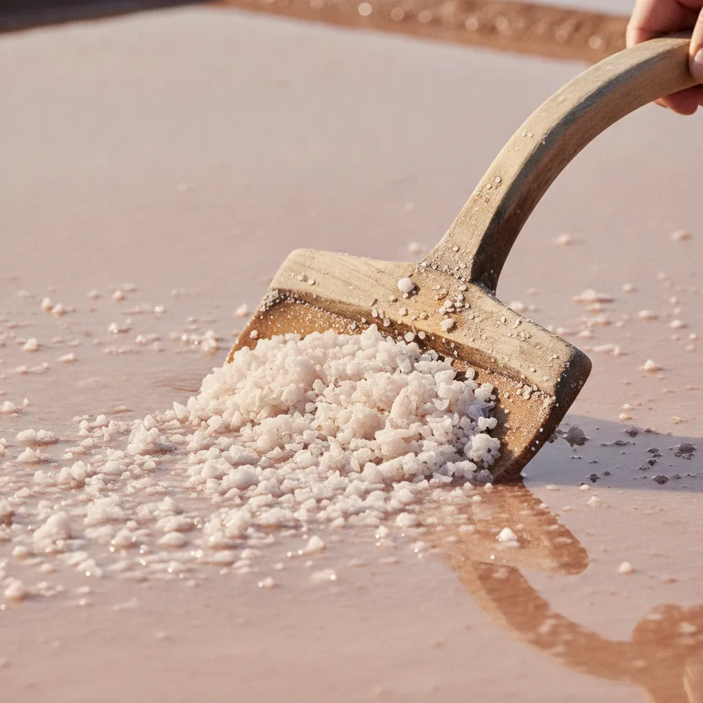 La lousse effleure la surface de l'œillet pour récolter la fleur de sel sans briser les cristaux ni troubler la saumure