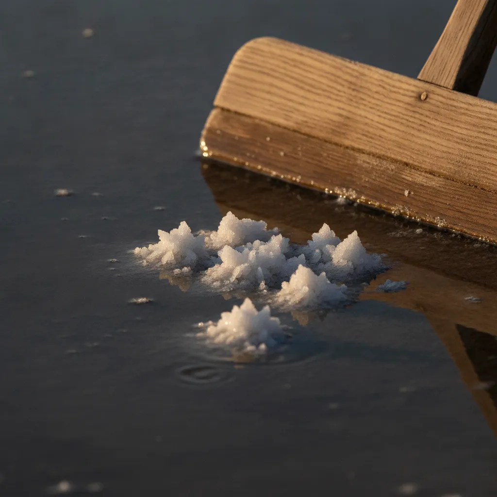 La fleur de sel se forme en surface des cristallisoirs et se récolte délicatement à la lousse, un geste qui n'a pas changé depuis des siècles