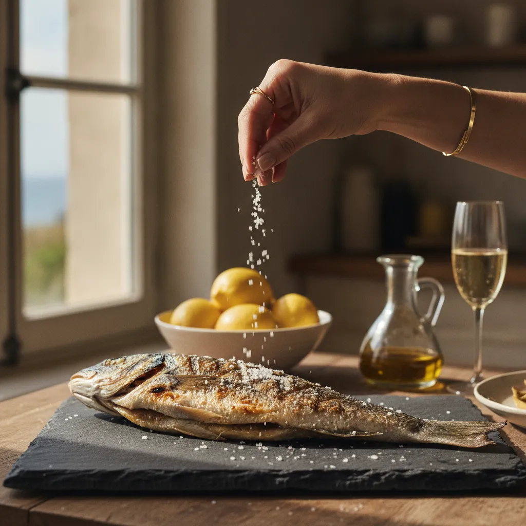 La fleur de sel se pose en finition au moment de servir : son croquant délicat sublime un bar entier grillé