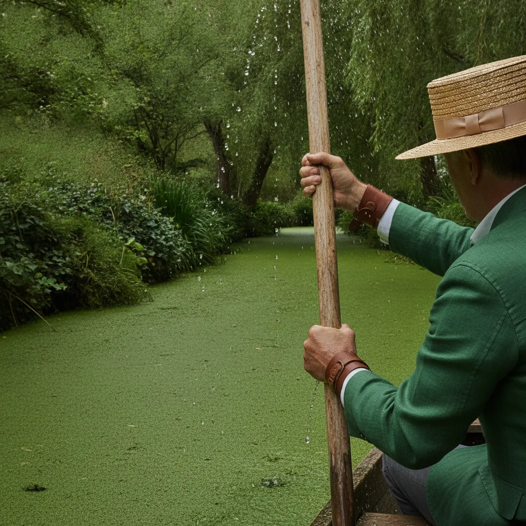 La pigouille, longue perche en bois, est l'outil traditionnel des bateliers pour guider les barques dans les canaux peu profonds