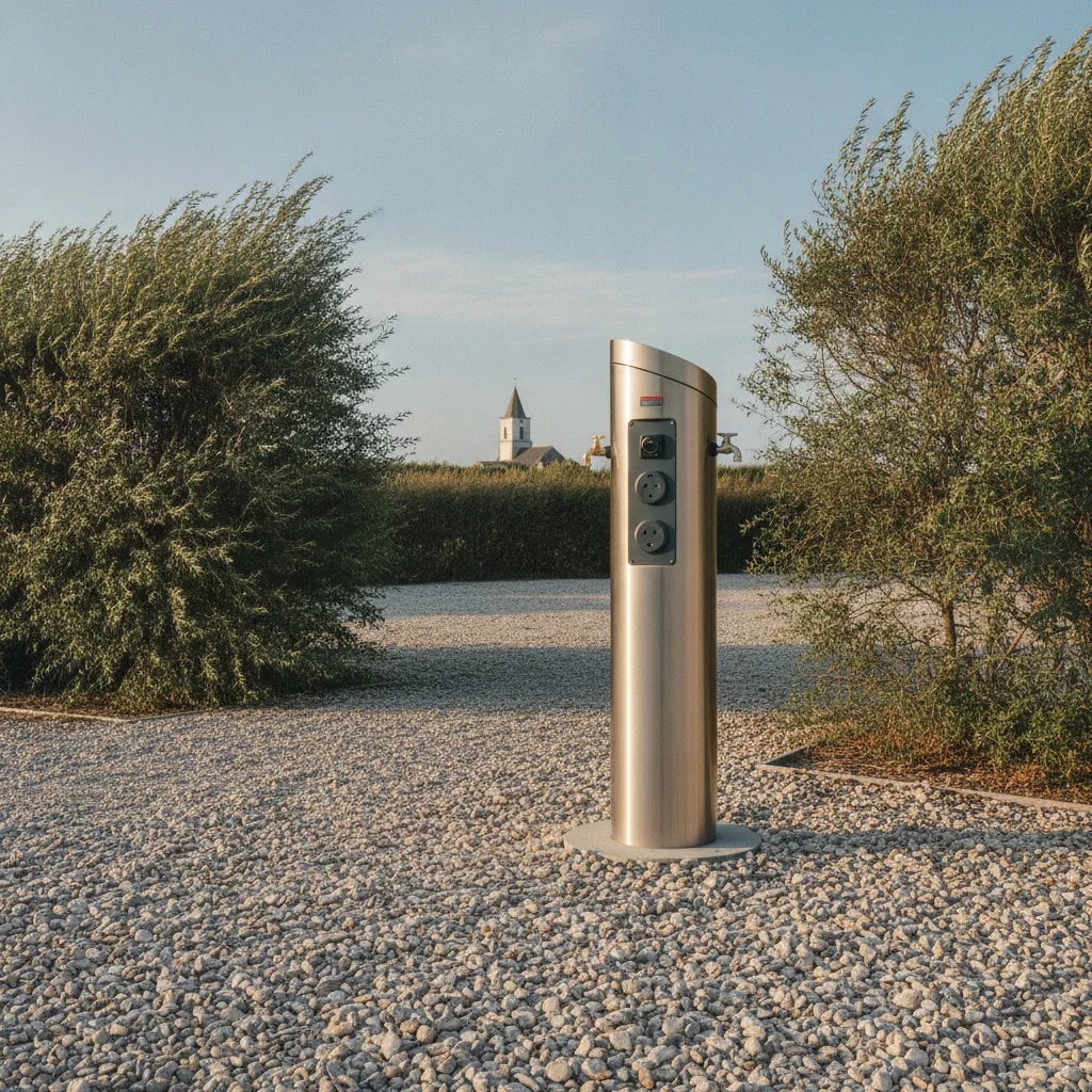 Les bornes de services permettent la vidange et le remplissage d'eau sur chaque aire de l'île