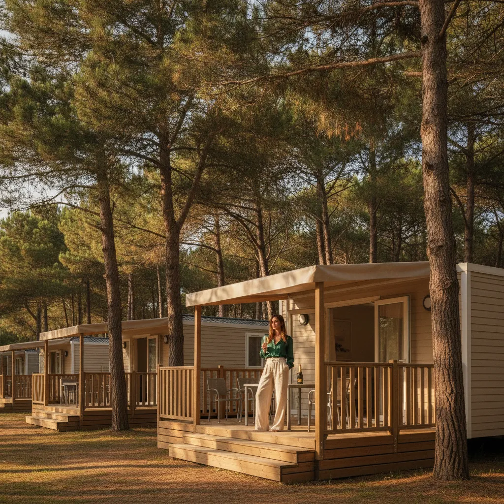 Les mobil-homes Premium offrent terrasse couverte et climatisation, un confort appréciable en plein été