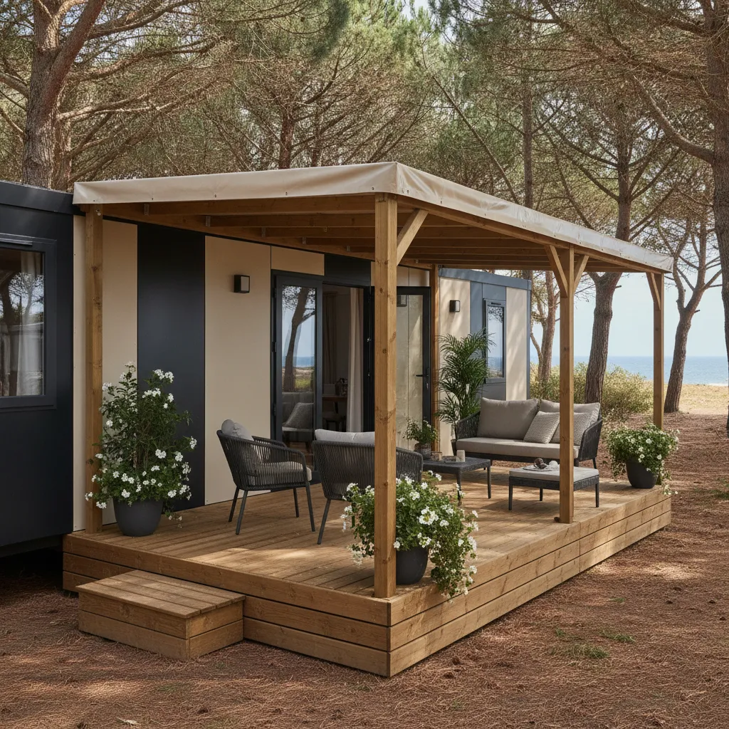 Les mobil-homes Premium disposent de terrasses semi-couvertes de 15 à 20 m², un vrai salon extérieur sous les pins