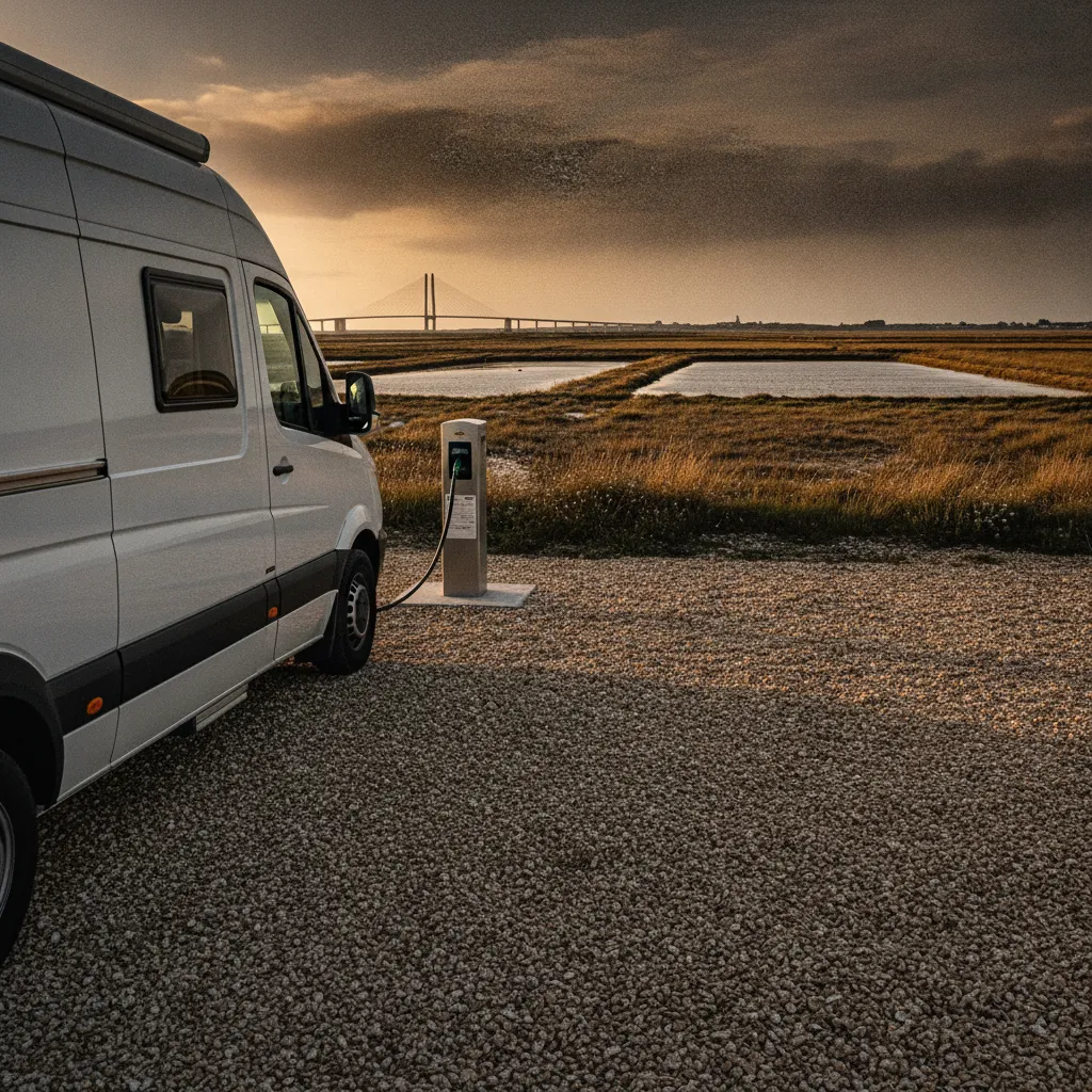 L'aire Camping-Car Park de Barbâtre accueille 50 véhicules à l'entrée de l'île, avec vue sur le pont de Noirmoutier