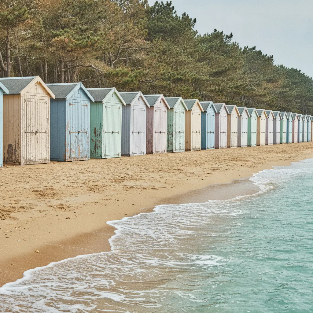 Les cabines de bain de la plage des Dames, à 1,5 km du camping des Roussières : la plage familiale par excellence de l'île