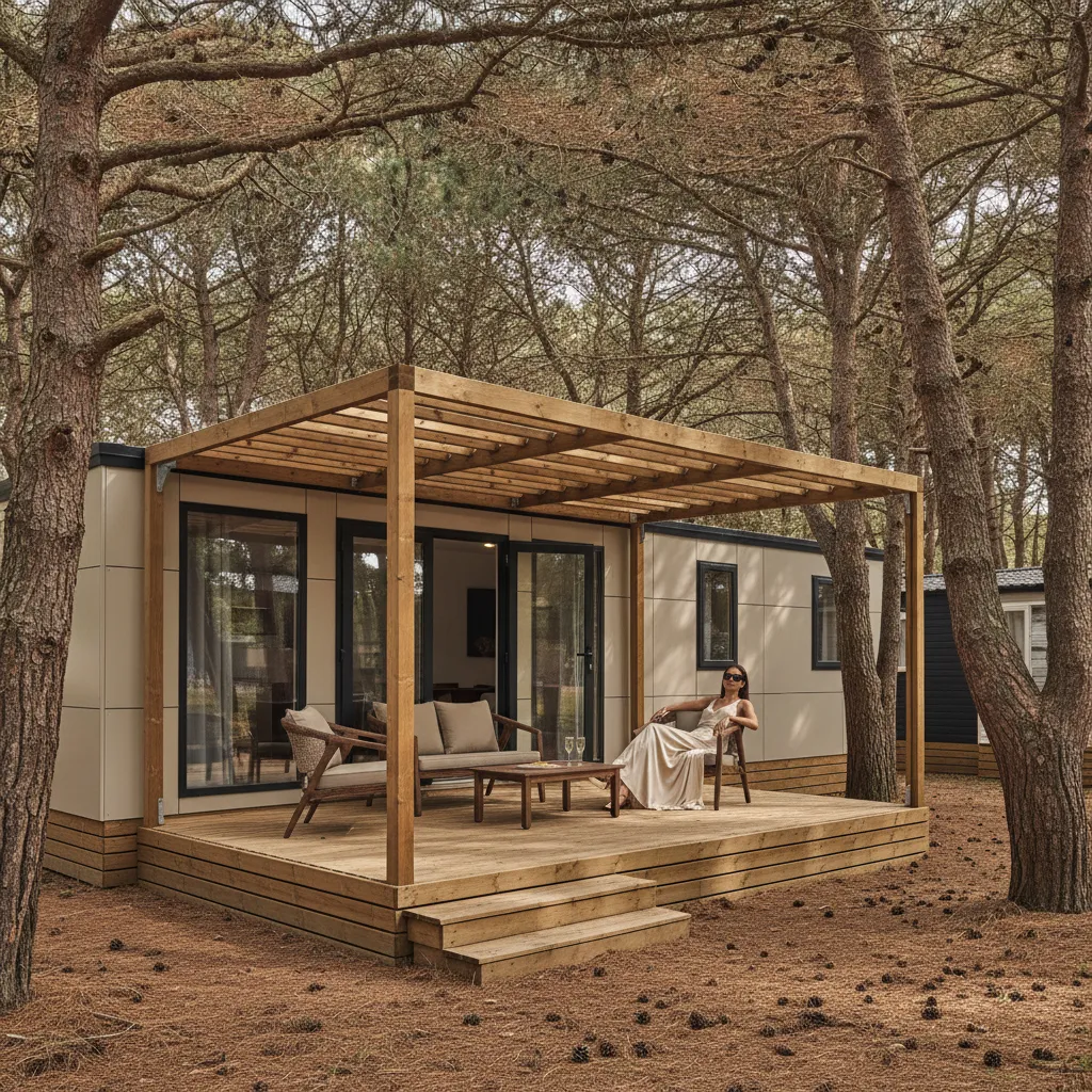 Les mobil-homes Confort+ proposent terrasse couverte et lave-vaisselle, un bon compromis pour les familles