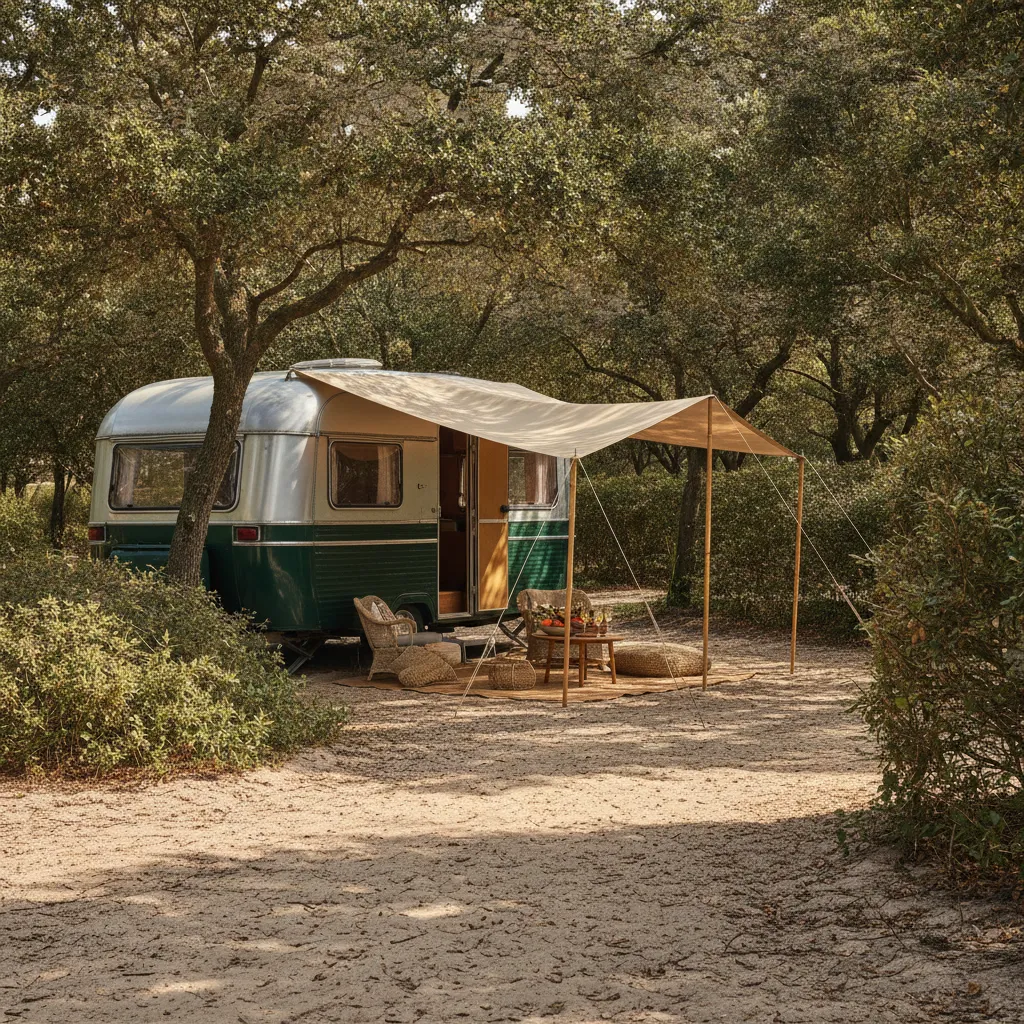 Les emplacements de 80 à 100 mètres carrés accueillent tentes, caravanes et camping-cars sous un ombrage partiel de chênes verts