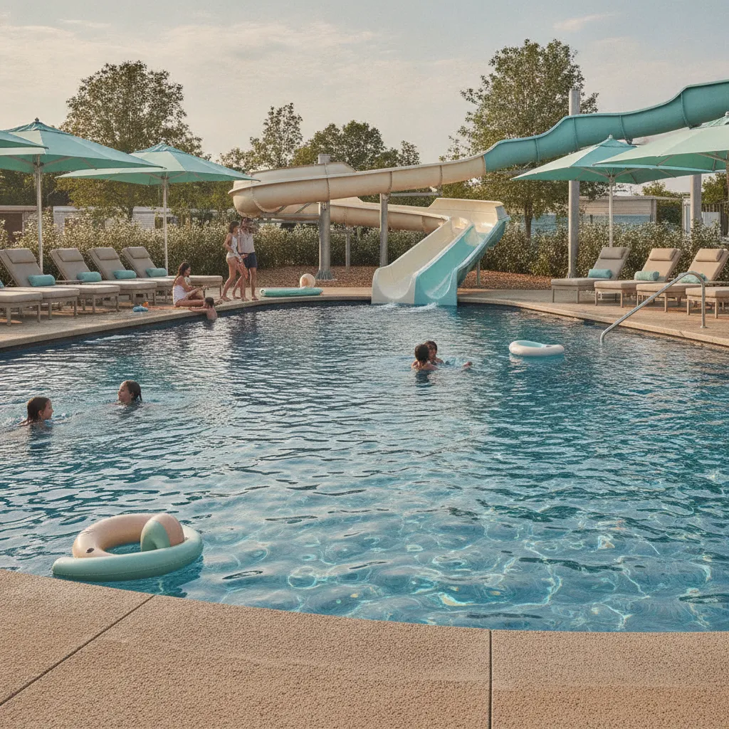 L'espace aquatique du Village 1 avec ses trois bassins chauffés à 28 °C et le toboggan de 45 mètres