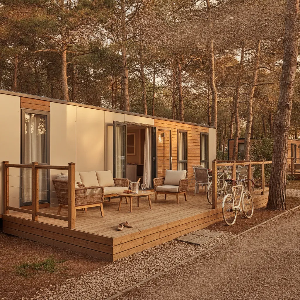 Les mobil-homes Premium disposent d'une terrasse couverte et de la climatisation, un confort appréciable en août
