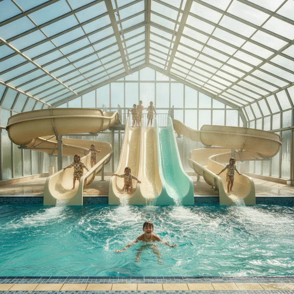 Les parcs aquatiques couverts des campings 4 étoiles intègrent toboggans, rivière à courant et pataugeoire chauffée sous un même toit