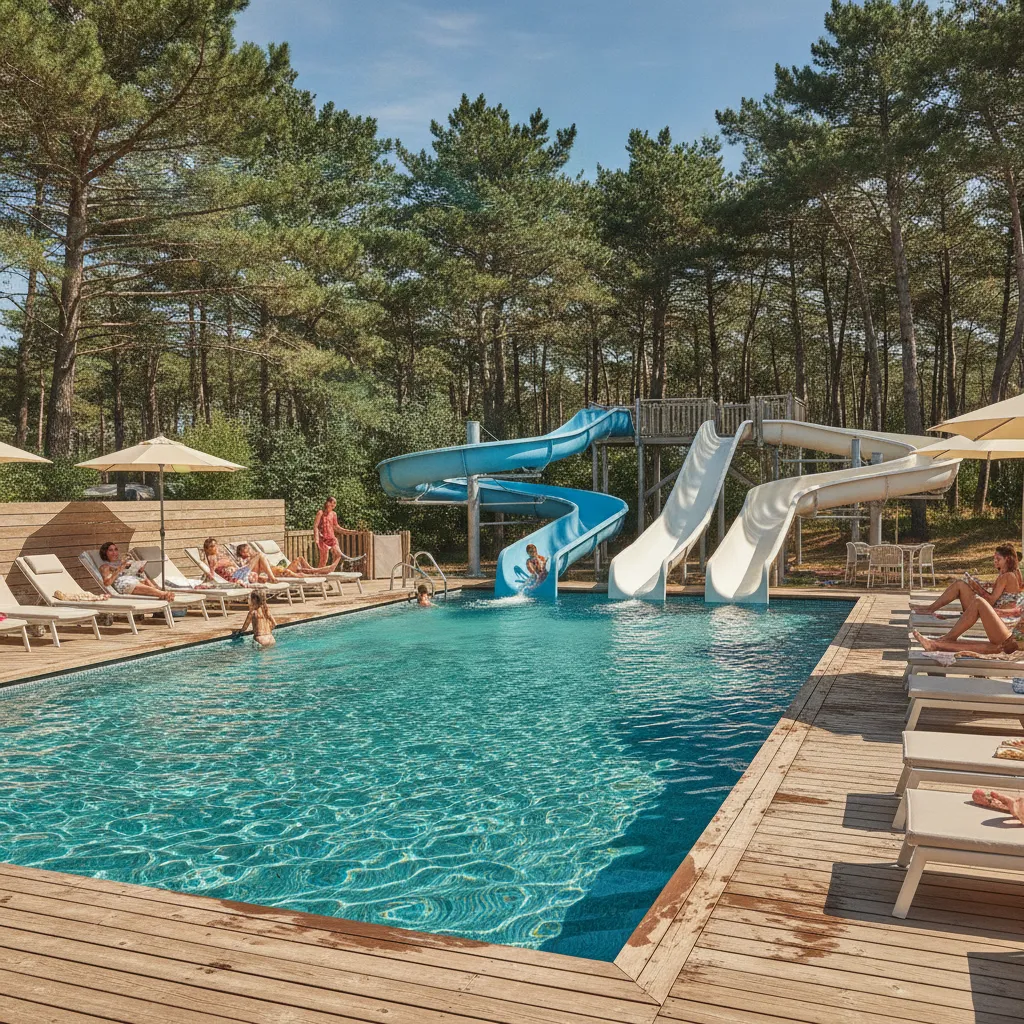 La piscine chauffée avec toboggans est accessible de mai à septembre, surveillée par un maître-nageur en haute saison