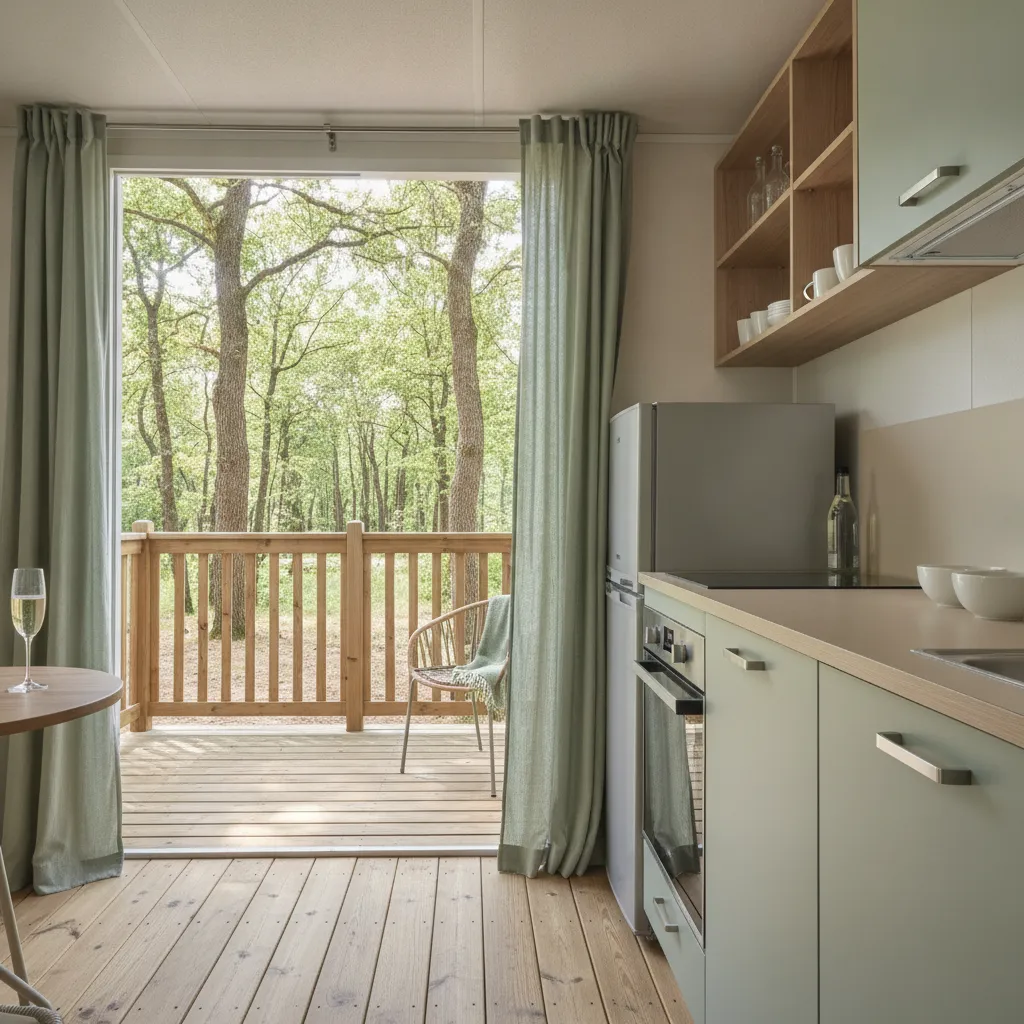 Les mobil-homes récents du camping offrent cuisine équipée et terrasse couverte de 7 à 15 m²