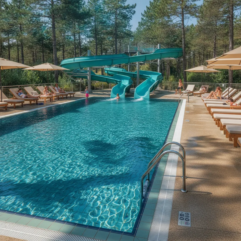 L'espace aquatique chauffé à 28 °C : piscine couverte, toboggans et pataugeoire inclus dans le séjour