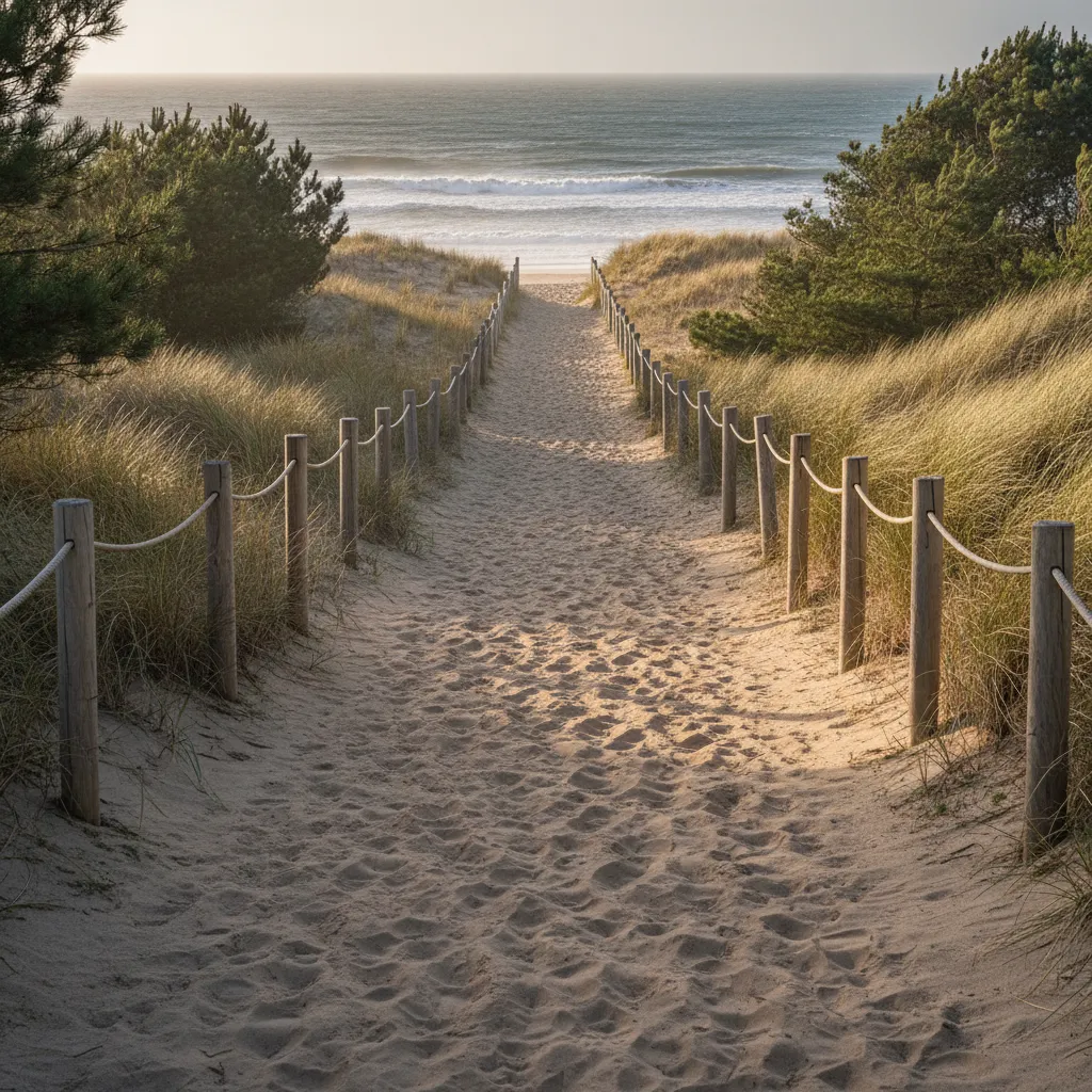 Le chemin boisé vers la plage des Demoiselles : 12 minutes à pied depuis le camping, ombragé tout du long