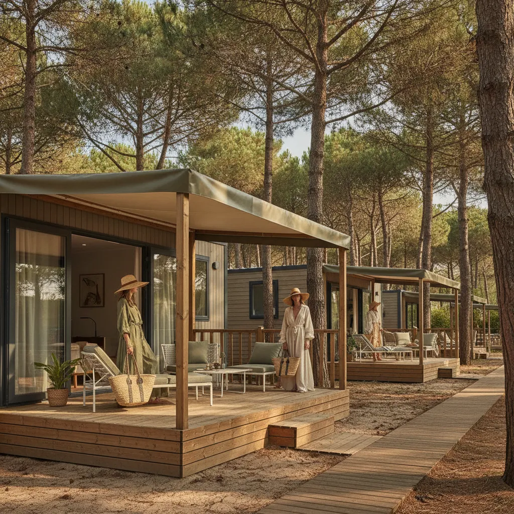 Les mobil-homes Confort disposent d'une terrasse semi-couverte, idéale pour les repas en plein air sous les pins
