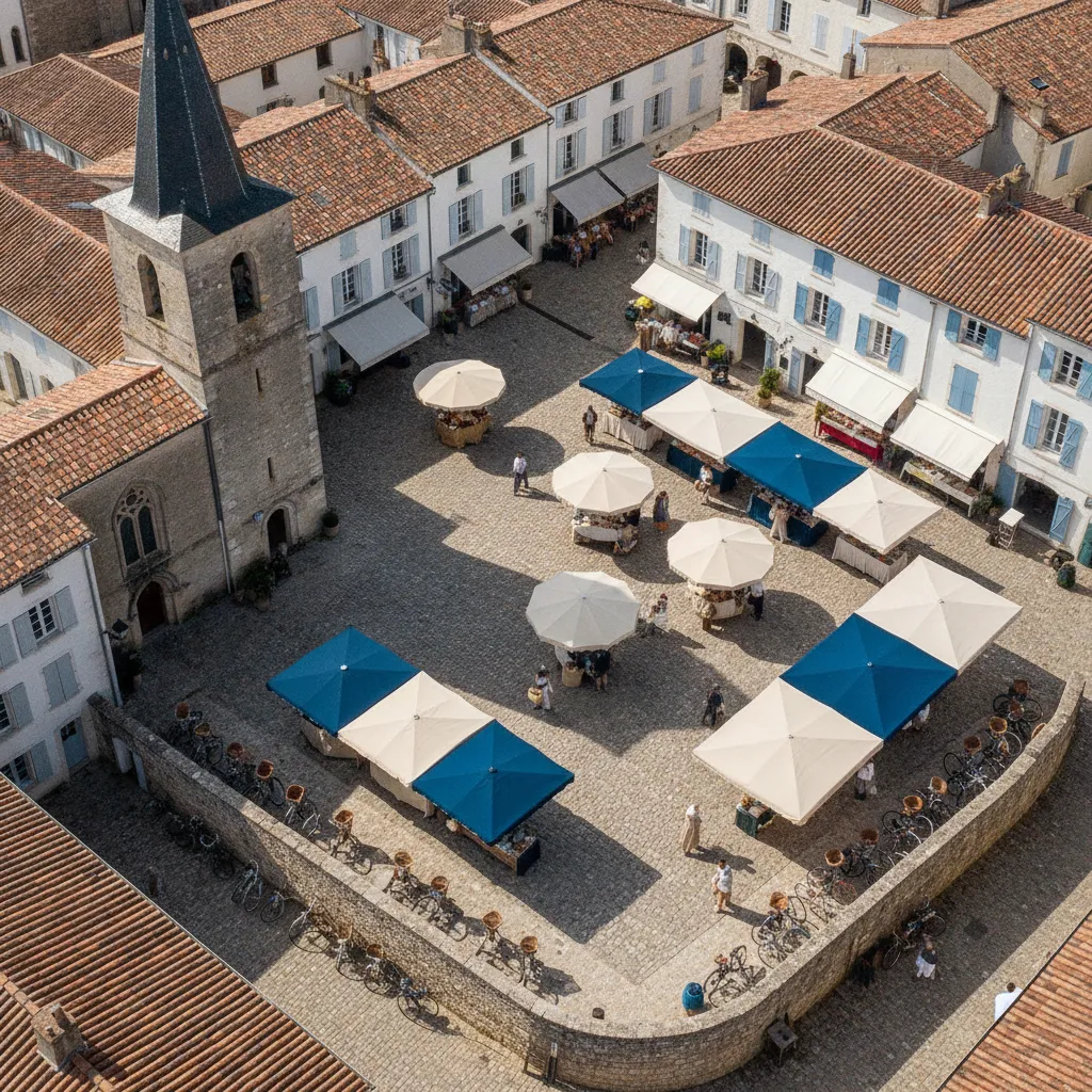Ars-en-Ré et son clocher noir et blanc dominent la place du marché, prisée des habitués du nord de l'île