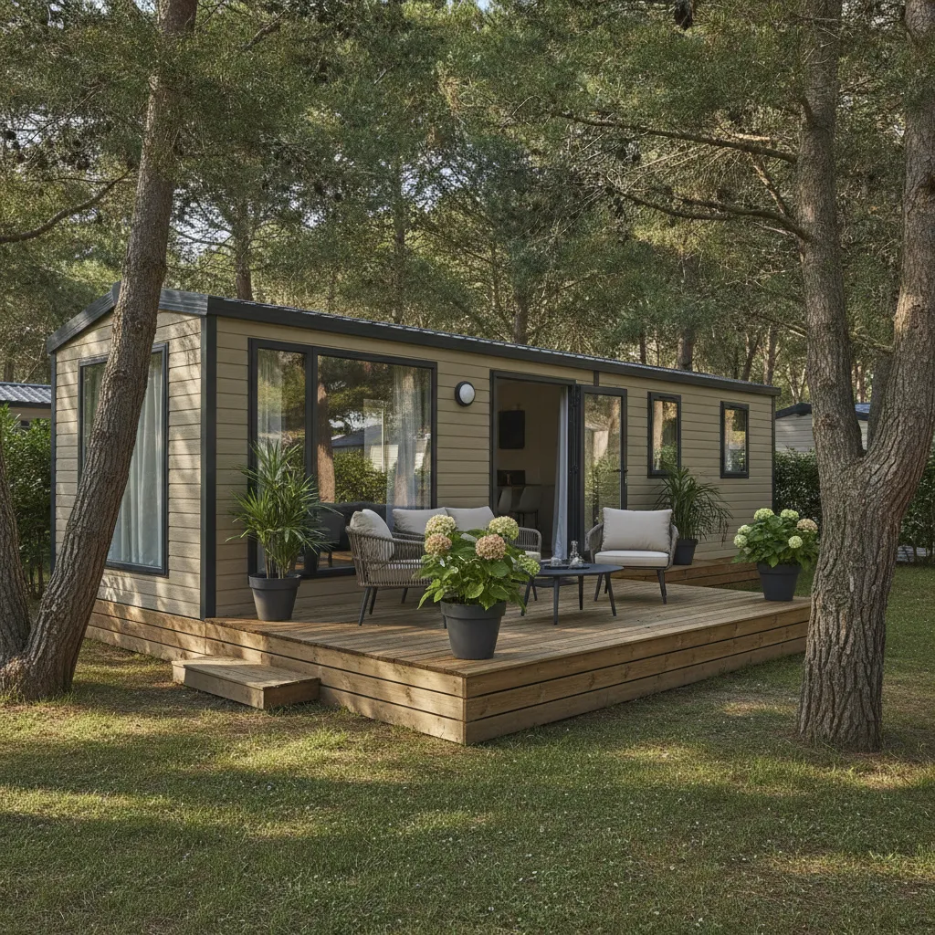 Les mobil-homes Premium disposent d'une terrasse couverte et d'un équipement complet pour 6 personnes