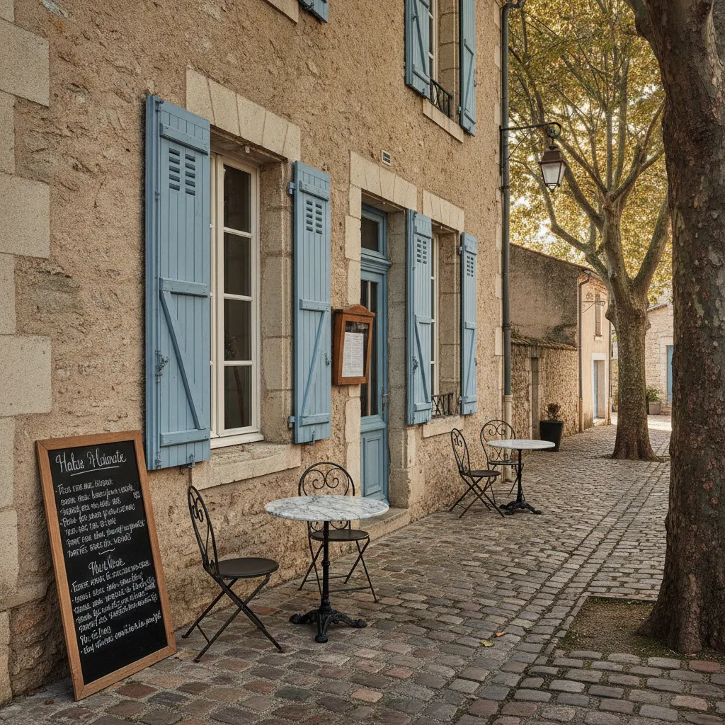 Façade typique d'un bistrot rétais à La Flotte : ardoise du jour et terrasse ombragée sous les platanes