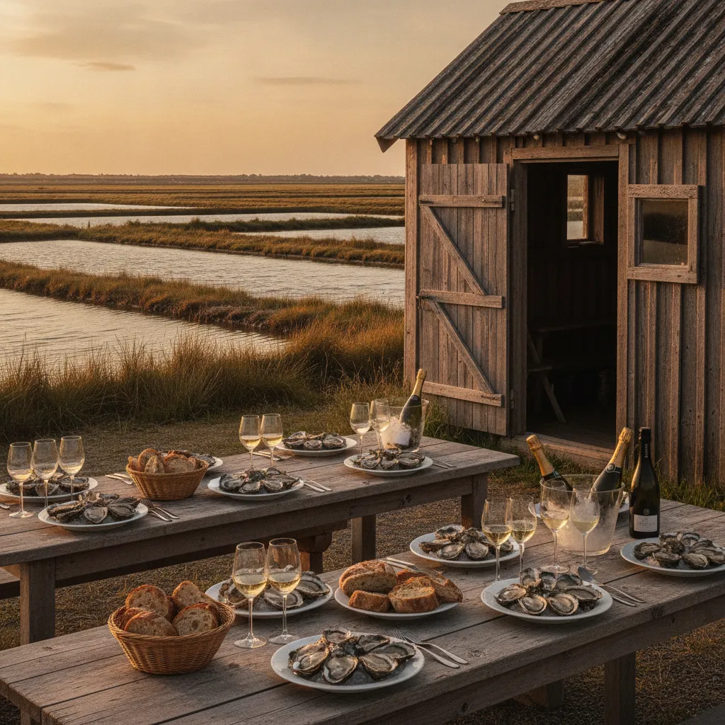Cabane ostréicole du Fier d'Ars au coucher du soleil : huîtres, pain frais et vin blanc face aux marais salants