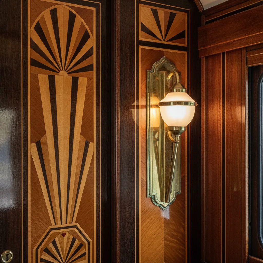 Détail des marqueteries géométriques d'époque dans les voitures des Grands Express Européens restaurées à Mortagne-sur-Sèvre